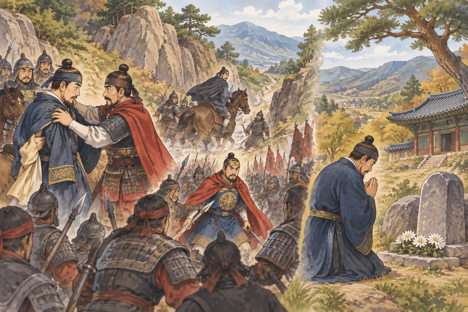 왕건을 살리고 대신 목숨을 바친 신숭겸, 지묘동 - 이야기를 바탕으로 한 삽화