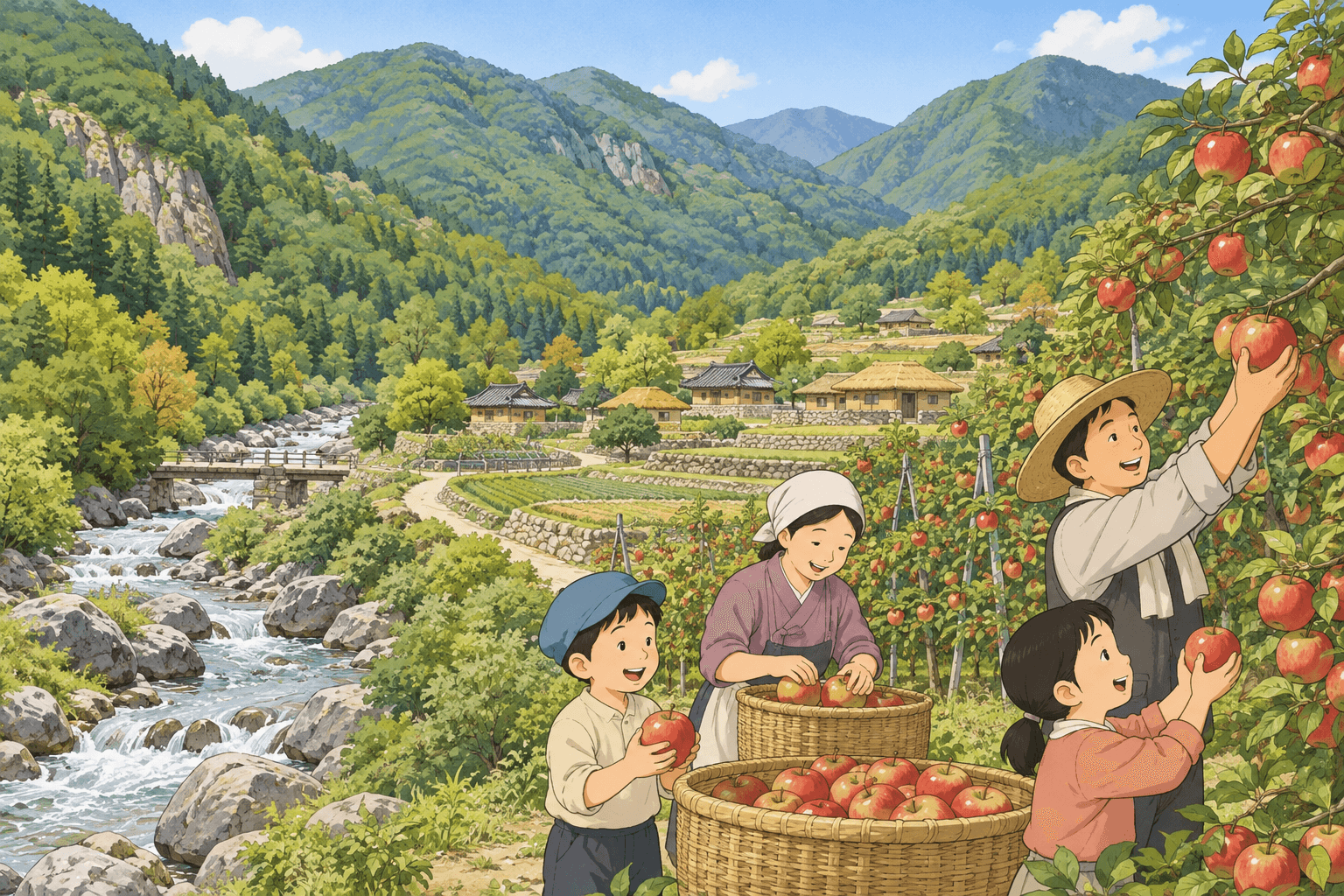 배내골의 산골 농사와 사과 - 이야기를 바탕으로 한 삽화