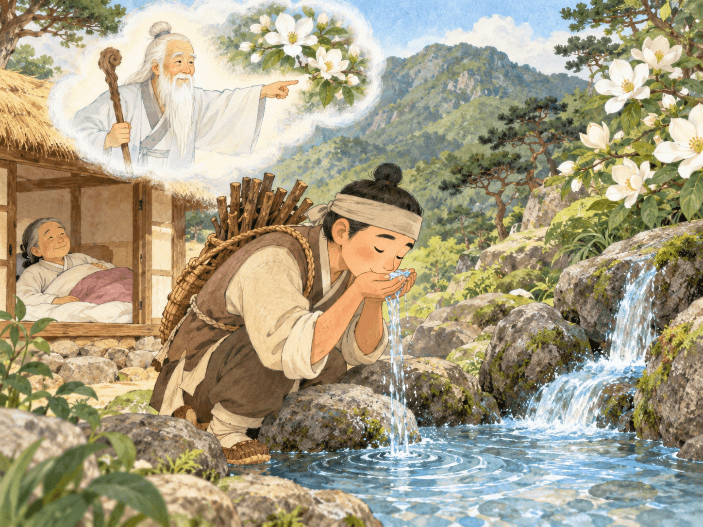 효자가 찾아낸 신비한 샘물, 약천 - 이야기를 바탕으로 한 삽화